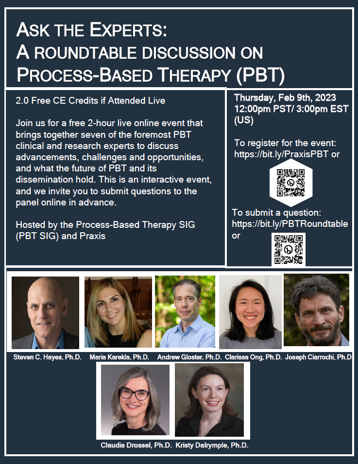 Ask the Experts: A Roundtable Discussion On Process-Based Therapy (PBT SIG)  | Association for Contextual Behavioral Science